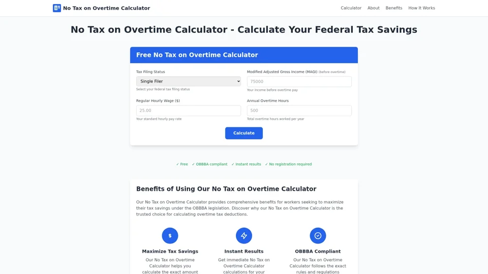 No Tax on Overtime Calculator - Free Tax Savings Tool